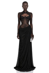 Gracie Black Ruched Maxi Dress with Lace Panels