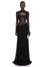 Gracie Black Ruched Maxi Dress with Lace Panels