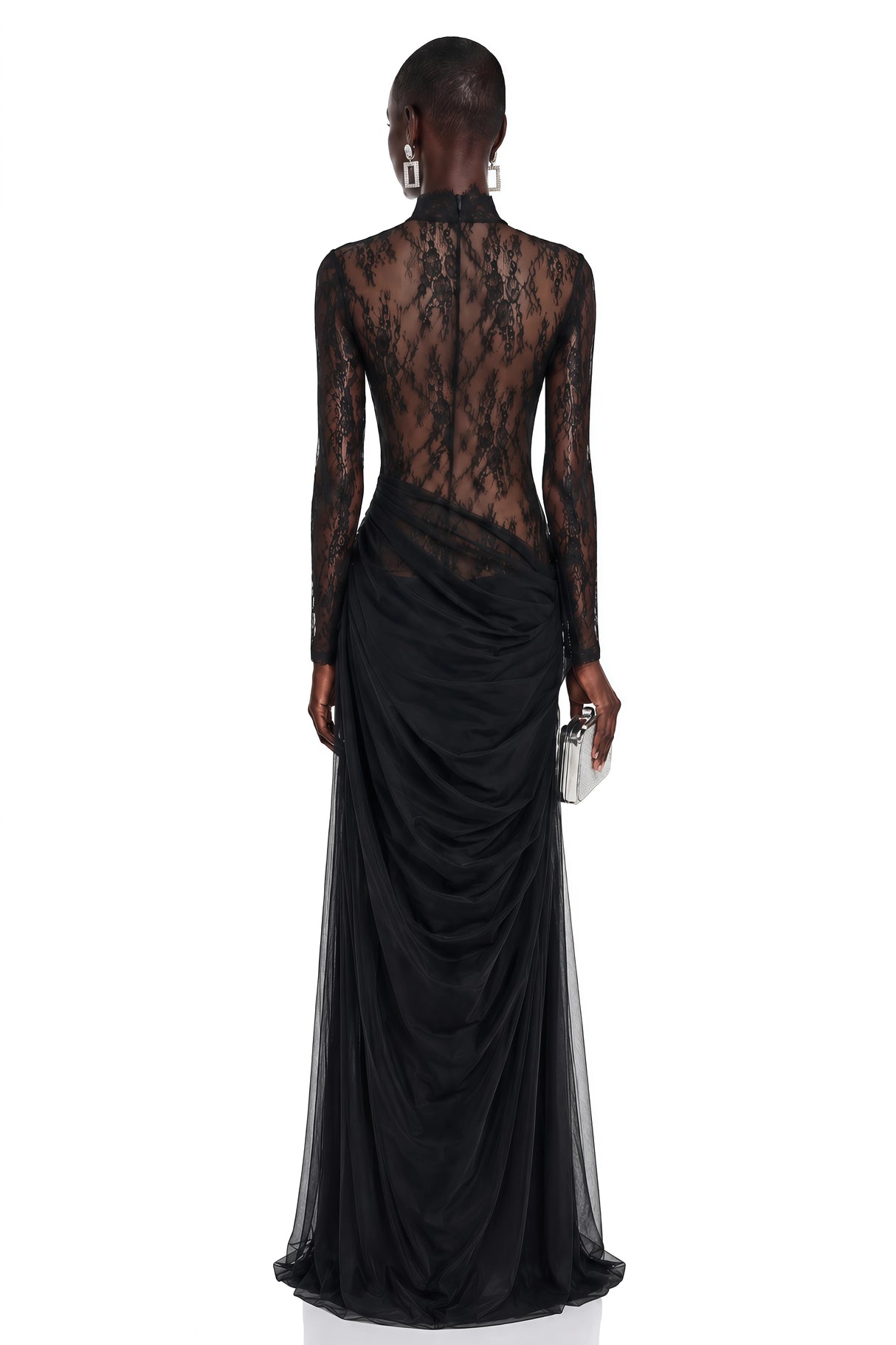 Gracie Black Ruched Maxi Dress with Lace Panels