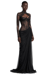Gracie Black Ruched Maxi Dress with Lace Panels
