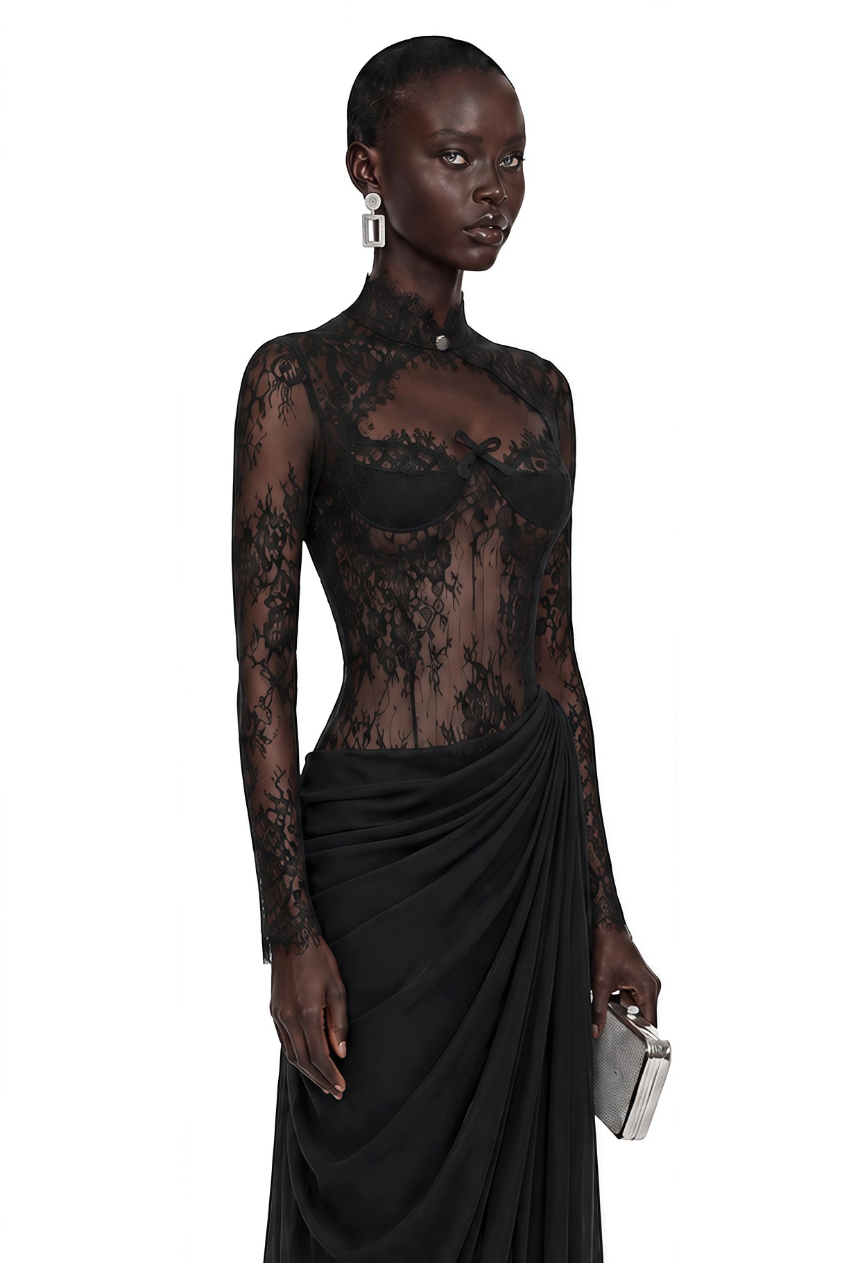 Gracie Black Ruched Maxi Dress with Lace Panels