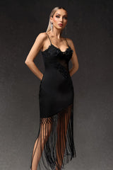 Grazia Black Floral Maxi Dress V-Neckline Fringe Hem Lightweight Fabric Elegant Modern Sophisticated Evening Events Special Gatherings Statement Piece