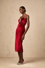 Grazia Midi Dress - Off the Shoulder Style - Sweetheart Neckline - Luxurious Velvet Finish - Rear Slit