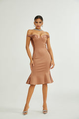 Grazia Off the Shoulder Midi Dress - Bustier Style - Waist - Tightened Design - Satin Finish - Flared Hem