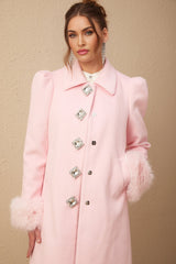 Grazia Overcoat - Pink Faux - Fur Crystal Embellishment Rear Slit