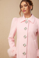 Grazia Overcoat - Pink Faux - Fur Crystal Embellishment Rear Slit