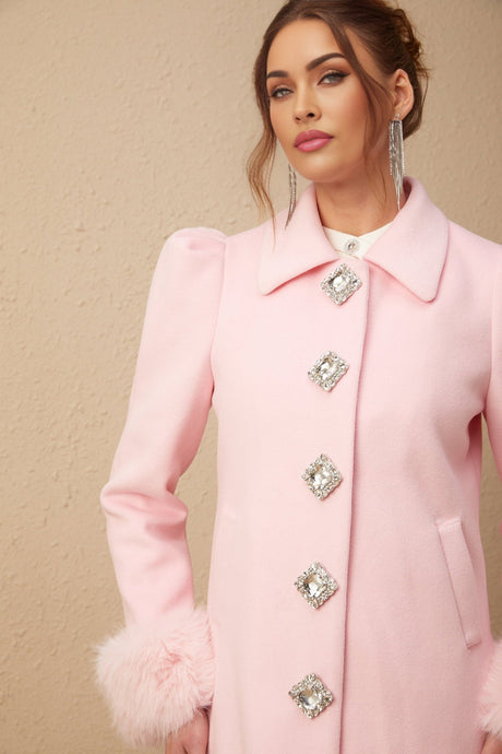 Grazia Overcoat - Pink Faux - Fur Crystal Embellishment Rear Slit