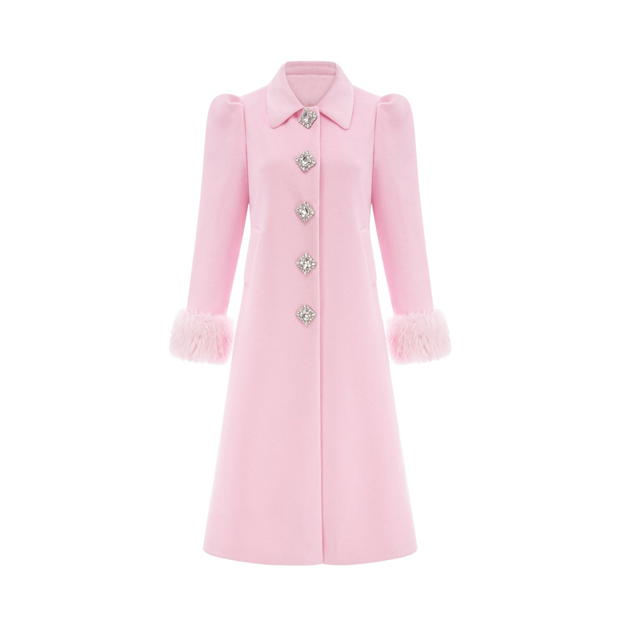Grazia Overcoat - Pink Faux - Fur Crystal Embellishment Rear Slit