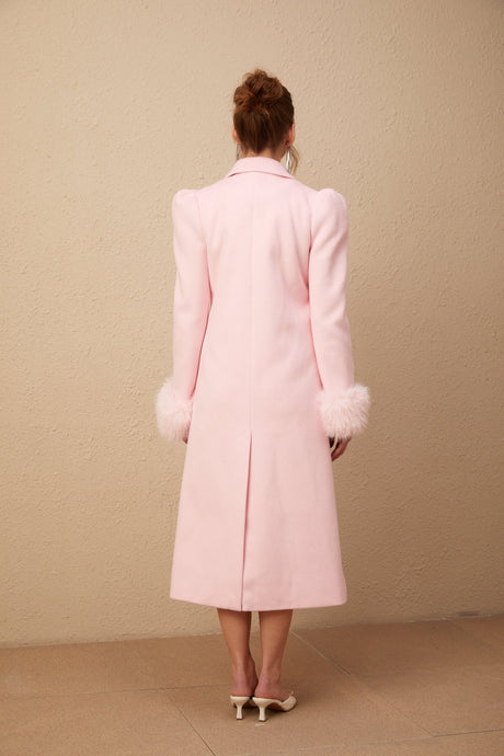 Grazia Overcoat - Pink Faux - Fur Crystal Embellishment Rear Slit