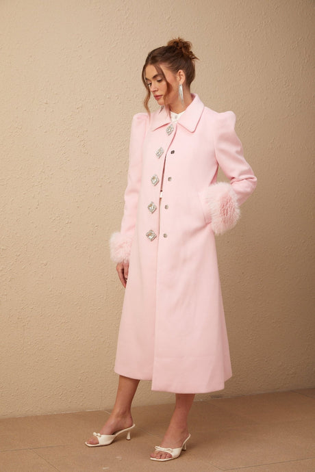 Grazia Overcoat - Pink Faux - Fur Crystal Embellishment Rear Slit