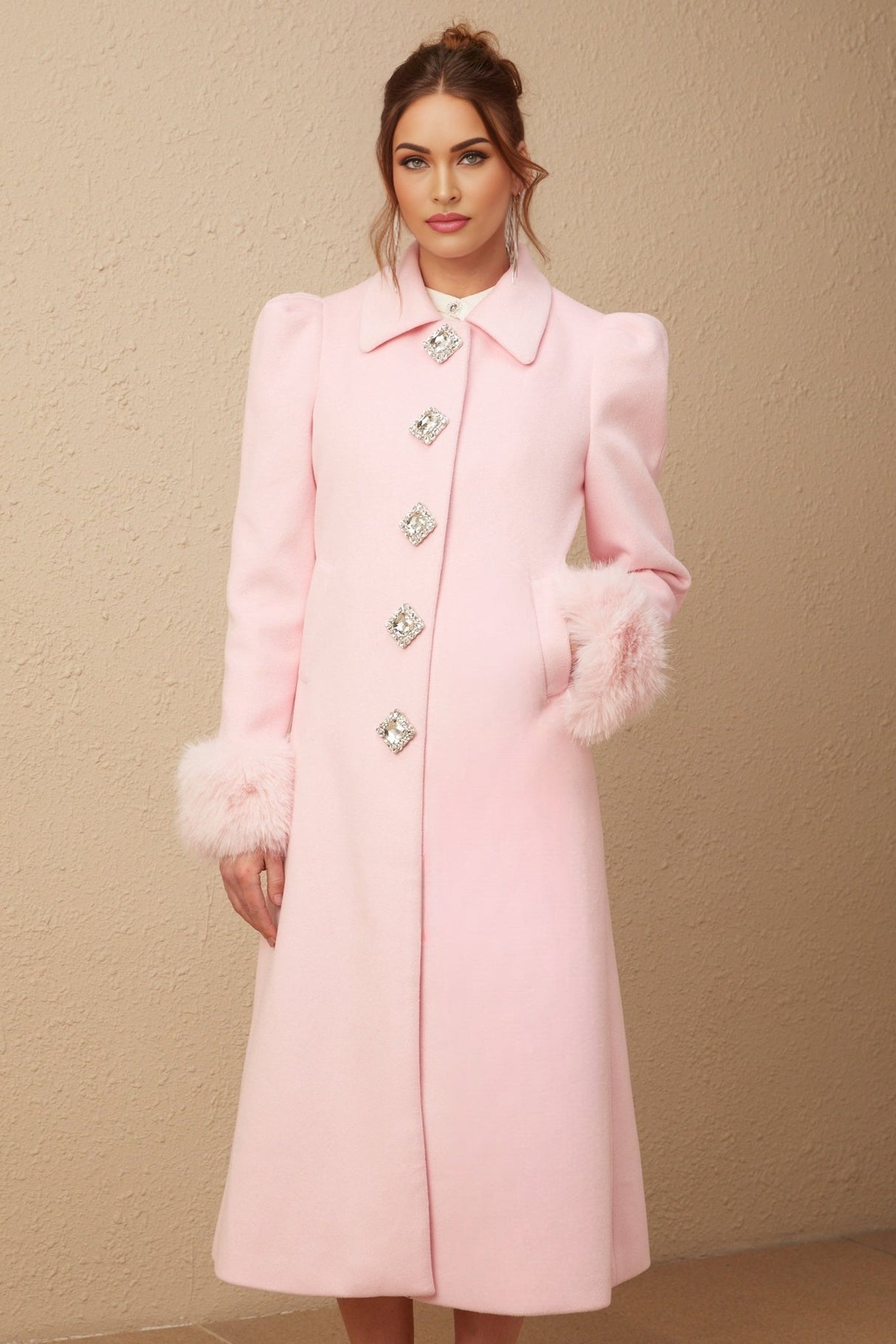 Grazia Overcoat - Pink Faux - Fur Crystal Embellishment Rear Slit