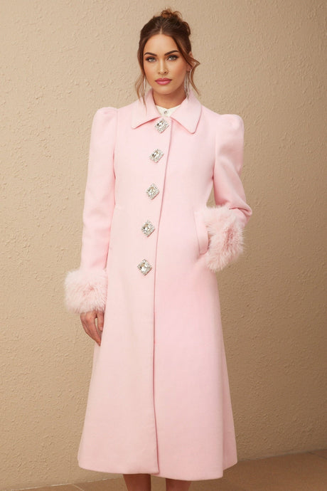 Grazia Overcoat - Pink Faux - Fur Crystal Embellishment Rear Slit