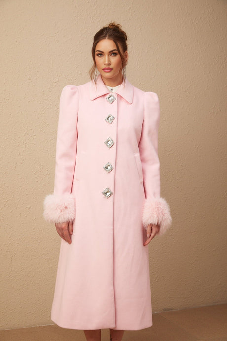 Grazia Overcoat - Pink Faux - Fur Crystal Embellishment Rear Slit