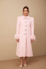 Grazia Overcoat - Pink Faux - Fur Crystal Embellishment Rear Slit