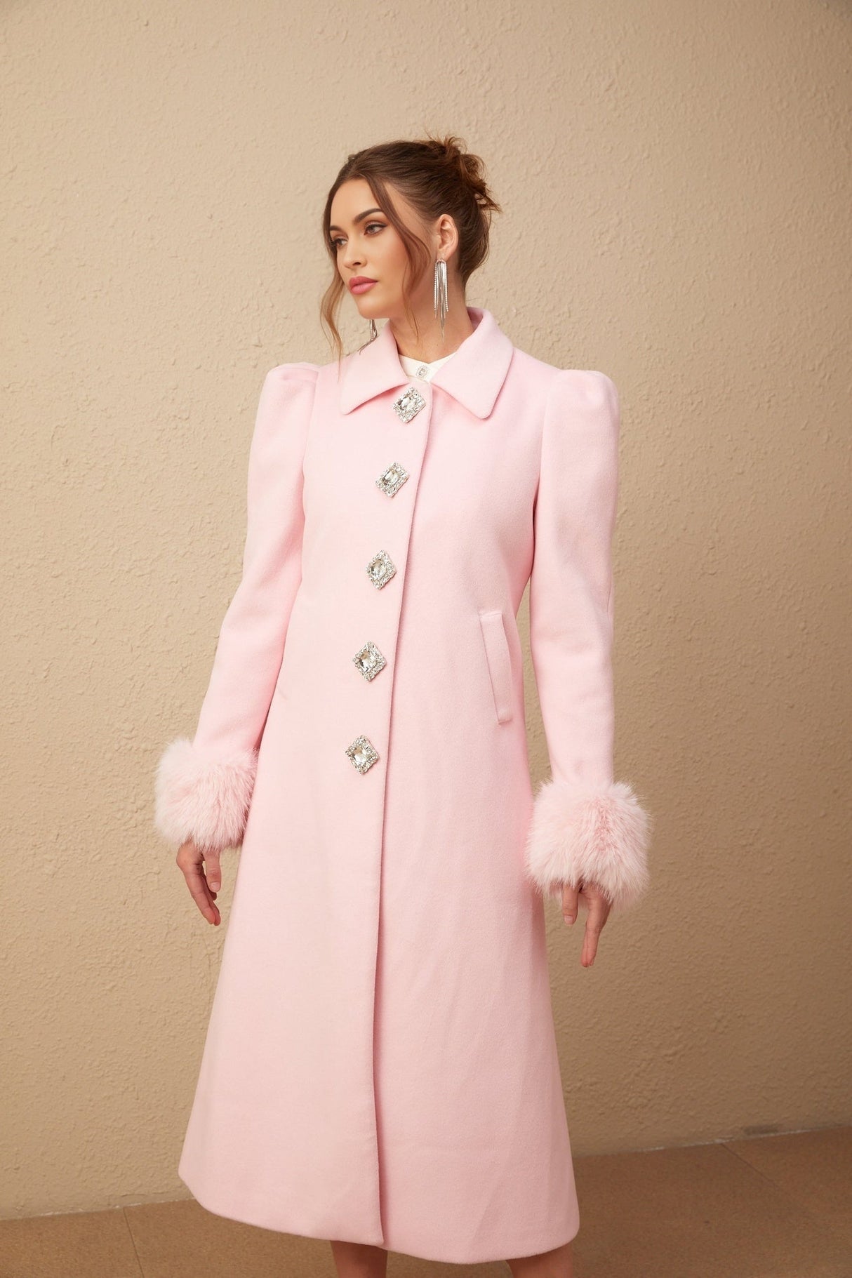 Grazia Overcoat - Pink Faux - Fur Crystal Embellishment Rear Slit