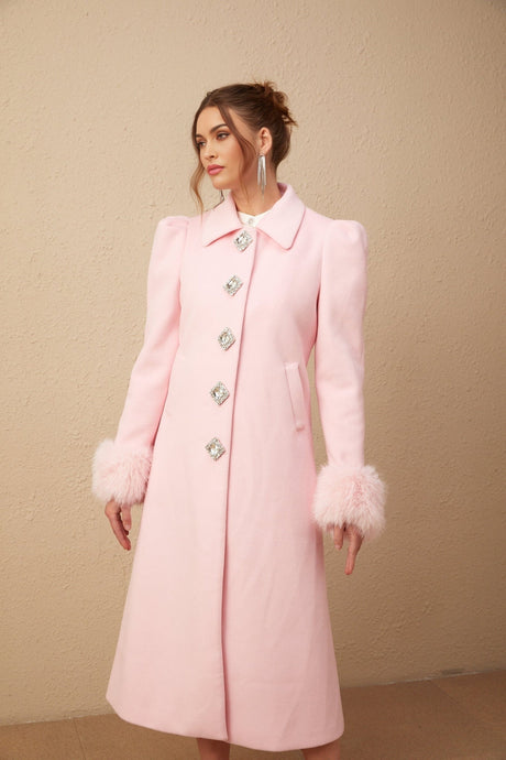 Grazia Overcoat - Pink Faux - Fur Crystal Embellishment Rear Slit