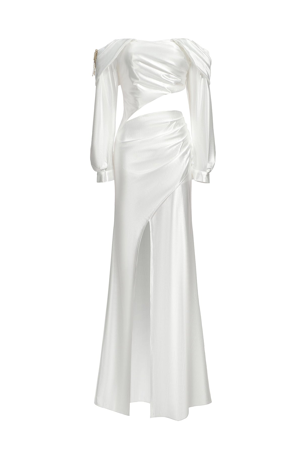 Grazia White Satin One-Shoulder Dress with Hollow Cut-Out and High Slit for Evening Events