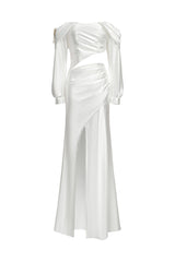 Grazia White Satin One-Shoulder Dress with Hollow Cut-Out and High Slit for Evening Events