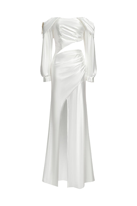 Grazia White Satin One-Shoulder Dress with Hollow Cut-Out and High Slit for Evening Events