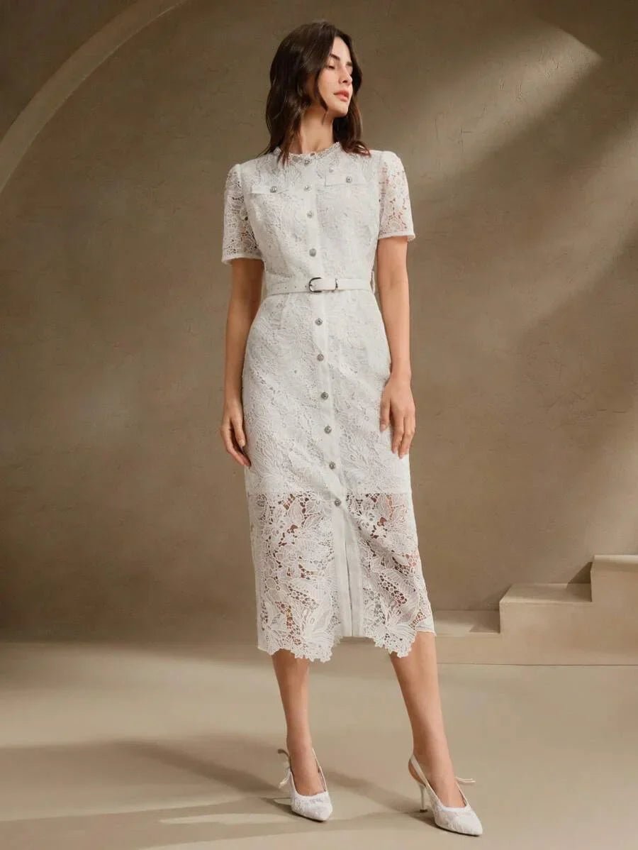 Graziana Midi Dress - Elegant Style - High Waist - Belted - Knitted Fabric