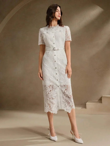 Graziana Midi Dress - Elegant Style - High Waist - Belted - Knitted Fabric