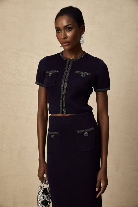 Graziana Skirt & Top Set - Wool - Blend - Crystal Embellishments - Front Patch Pockets - Midi Length