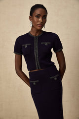 Graziana Skirt & Top Set - Wool - Blend - Crystal Embellishments - Front Patch Pockets - Midi Length