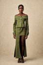 Green asymmetric jacket and skirt set named Elena featuring matching design