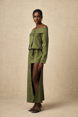 Green asymmetric jacket and skirt set named Elena matching outfit with modern design