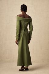 Green asymmetric jacket and skirt set with matching design called Elena