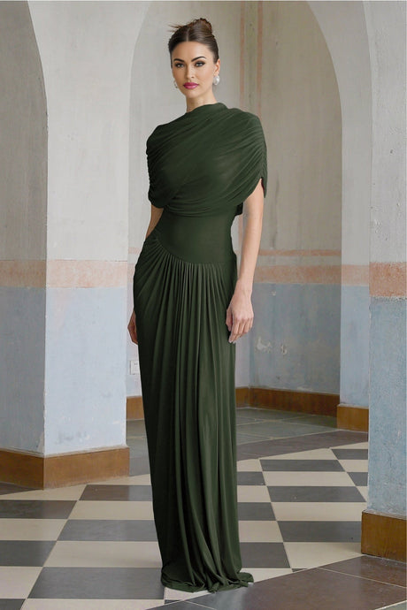 Green asymmetric pleated maxi dress named Catherine