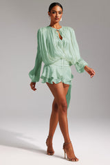 Green Dekia Long Sleeves Hollow Out Flounce Mini Dress