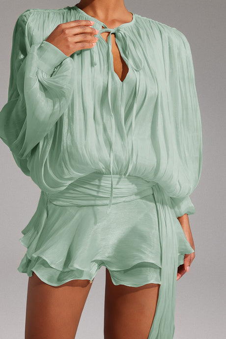 Green Dekia Long Sleeves Hollow Out Flounce Mini Dress