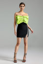 Green Kyler Satin Bowknow Bandage Mini Dress with Off-the-Shoulder Silhouette and Fringe Embellishment