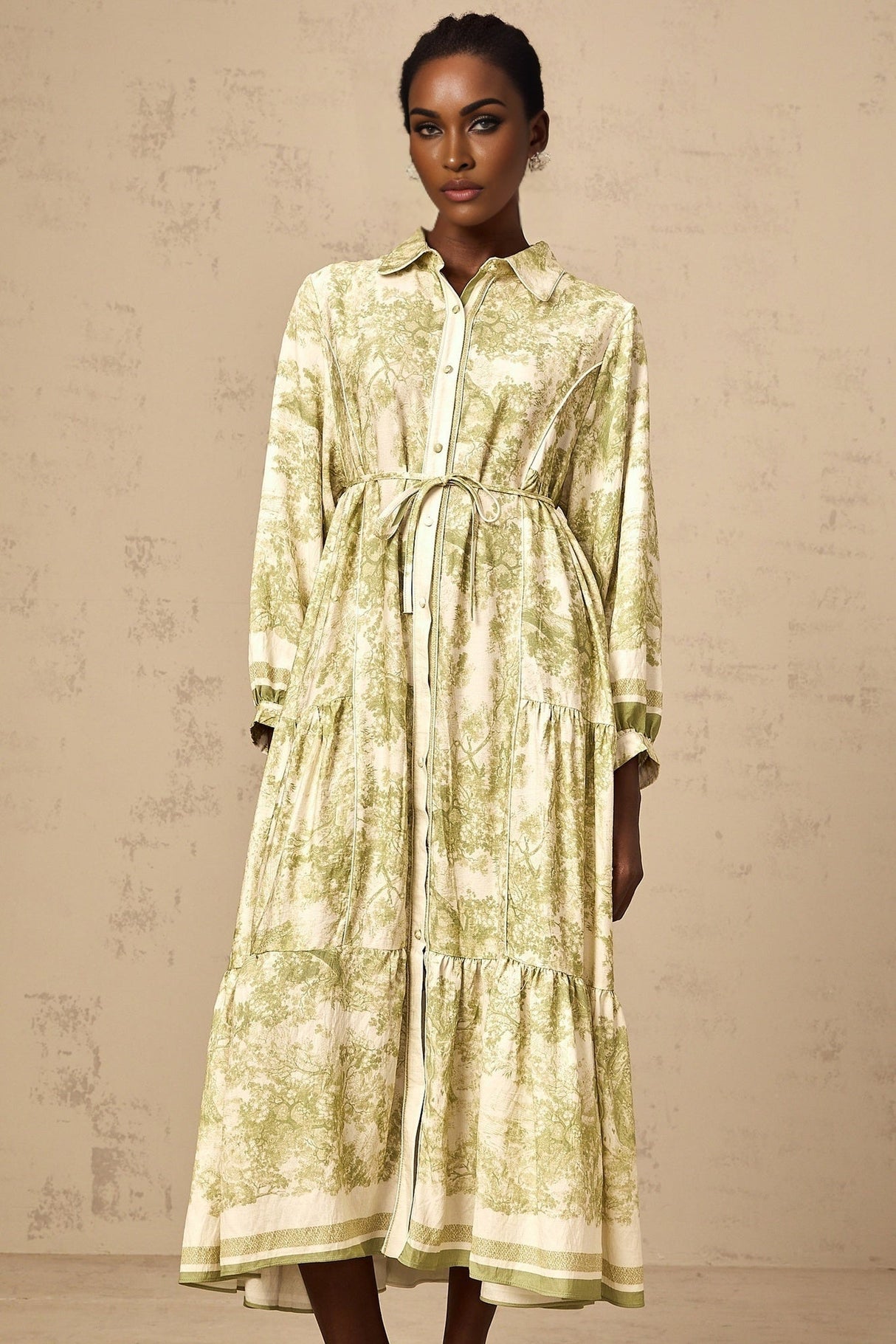 Green midi dress with graphic print design featuring Adélaïde pattern