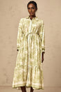 Green midi dress with graphic print design featuring Adélaïde pattern