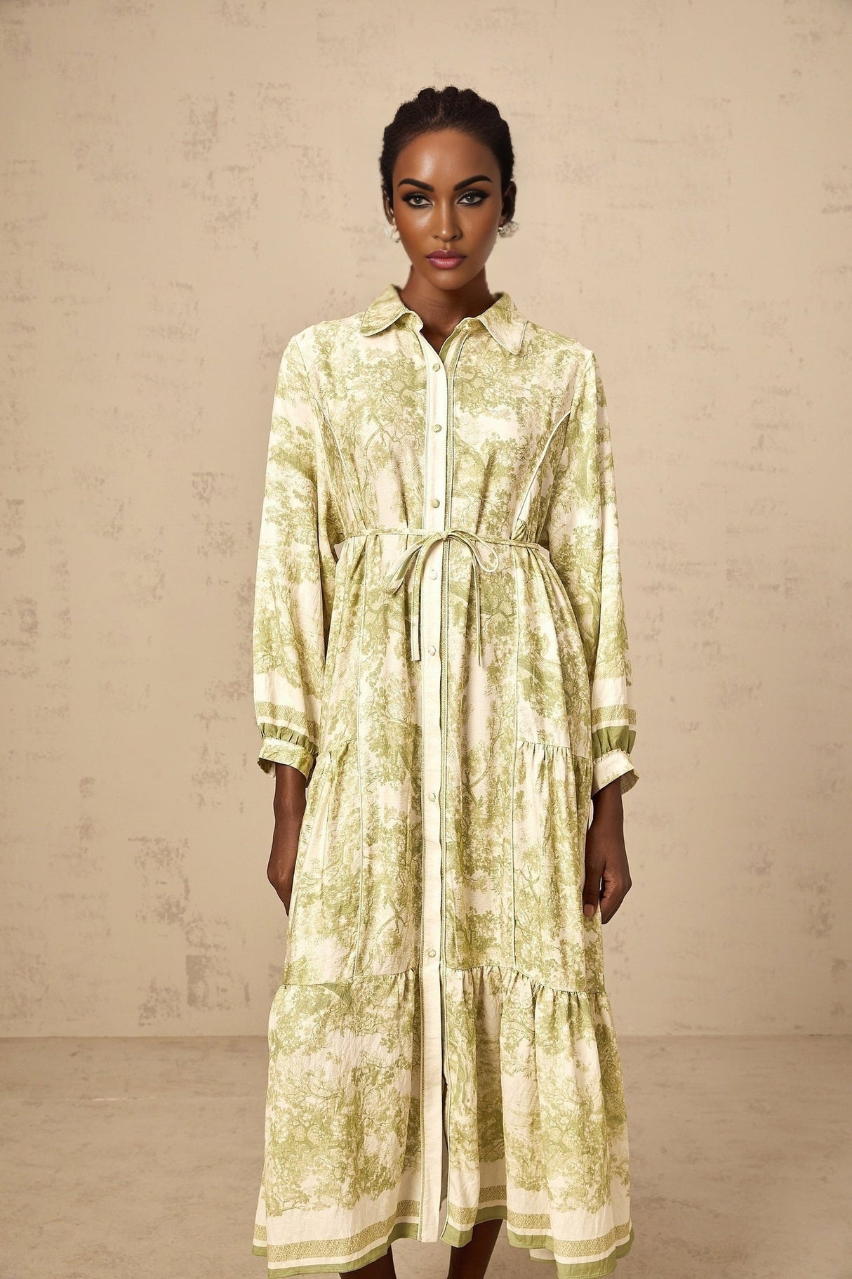 Green midi dress with graphic print pattern featuring Adelaide design