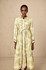 Green midi dress with graphic print pattern featuring Adelaide design