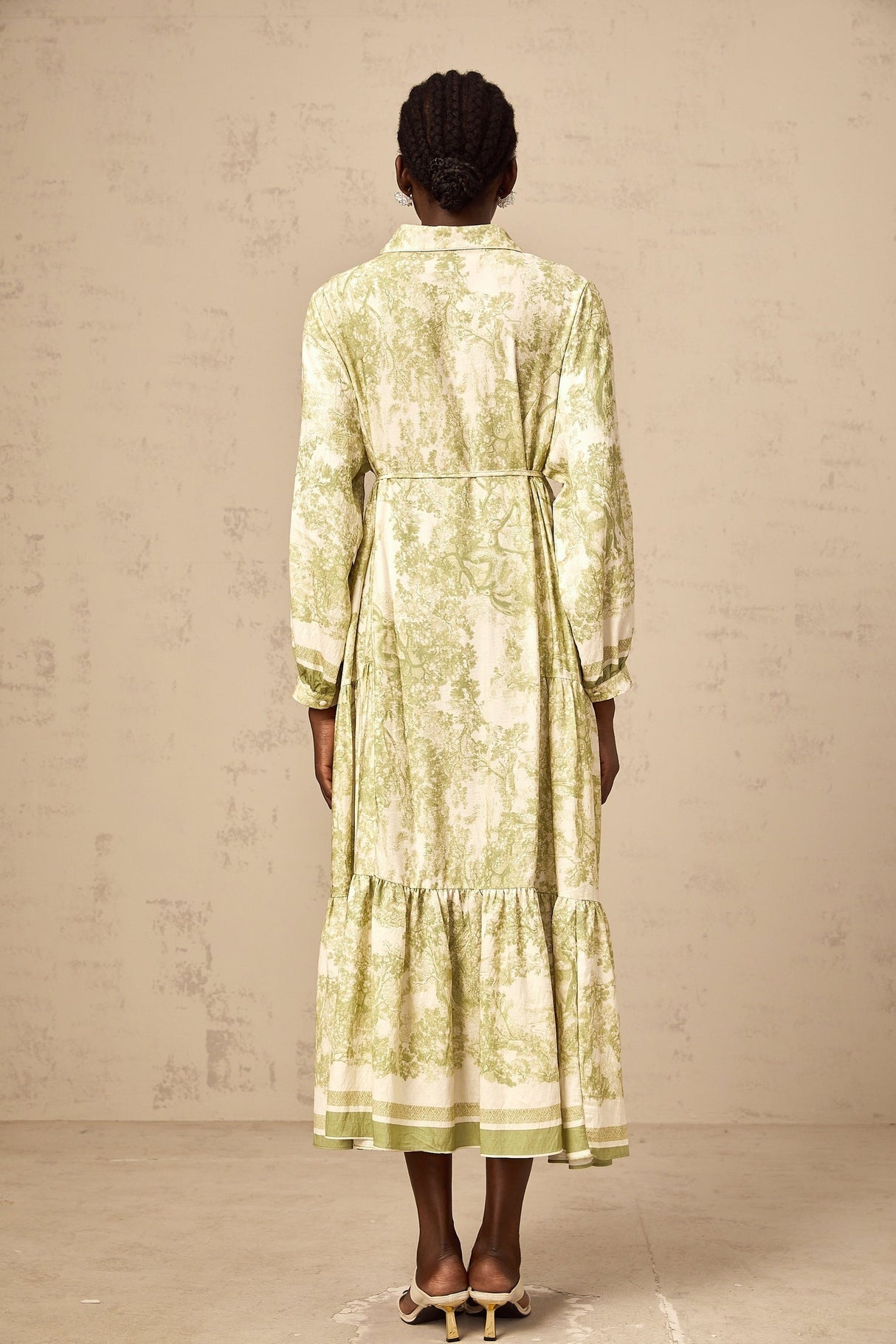 Green midi dress with graphic print pattern named Adelaide