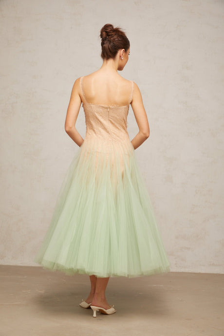 Green midi dress with lace panels and tulle skirt