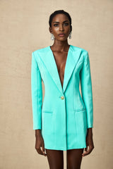 Green mini blazer dress with cinched waist design featuring Mya brand style