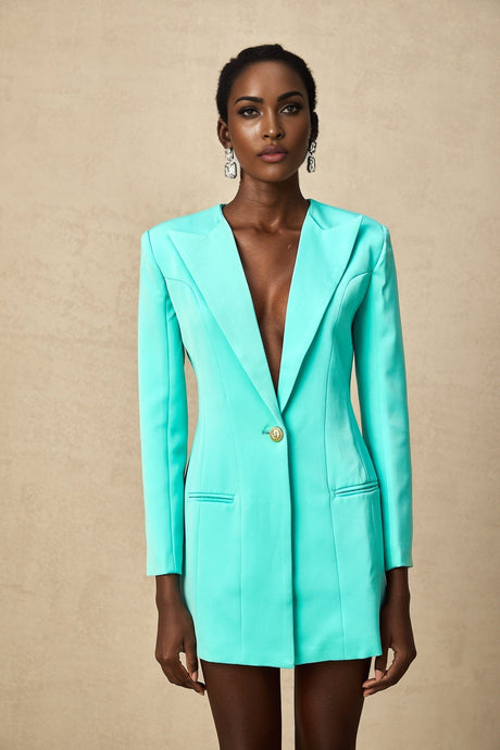 Green mini blazer dress with cinched waist design featuring Mya brand style
