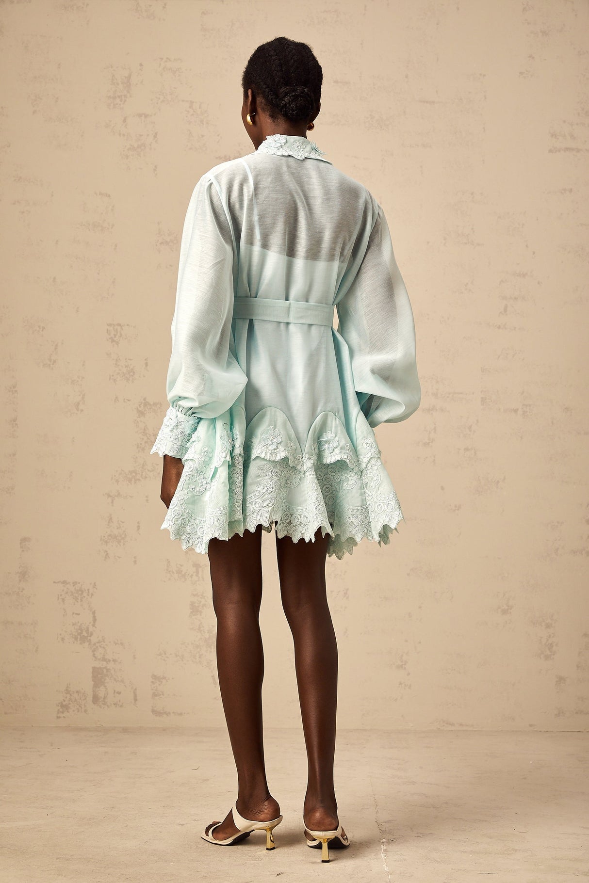 Green mini shirt dress with lace panel detailing featuring Ivana design