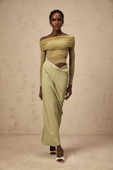 Green off shoulder midi dress with semi sheer fabric and flowy design