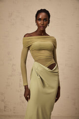 Green offshoulder midi dress with semisheer fabric named Estelle