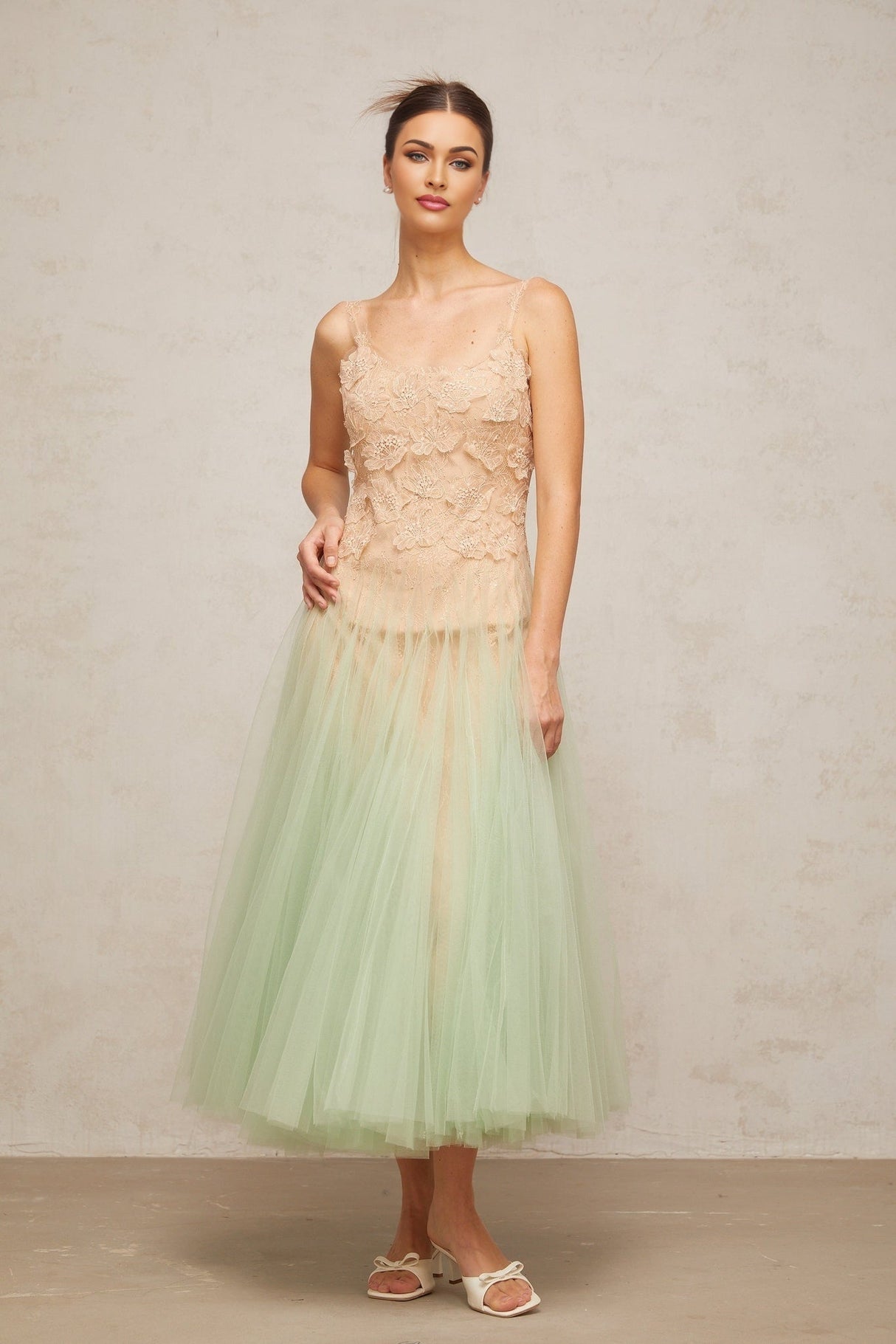 Green tulle midi dress with lace panels named Zoeline