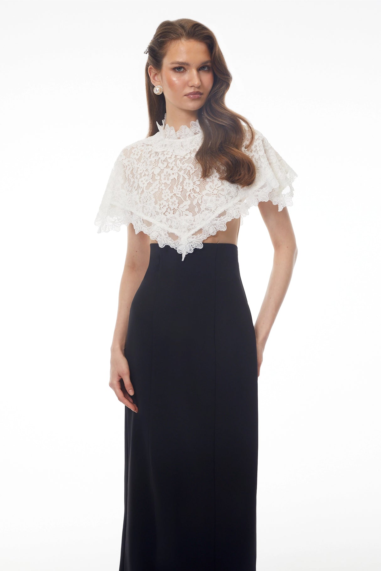Greta Black Round Neck Lace Cape Maxi Dress