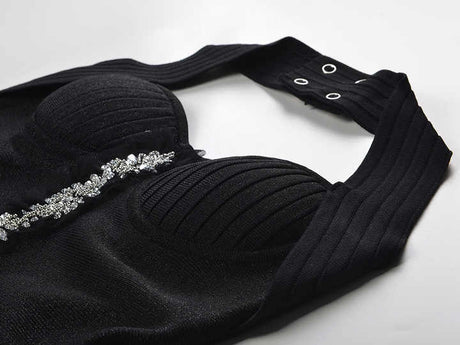 Greta Dress - a - Line Silhouette - Halter Neckline - Floral Embellishment - Tailored Waist Accentuation - Chic Silhouette