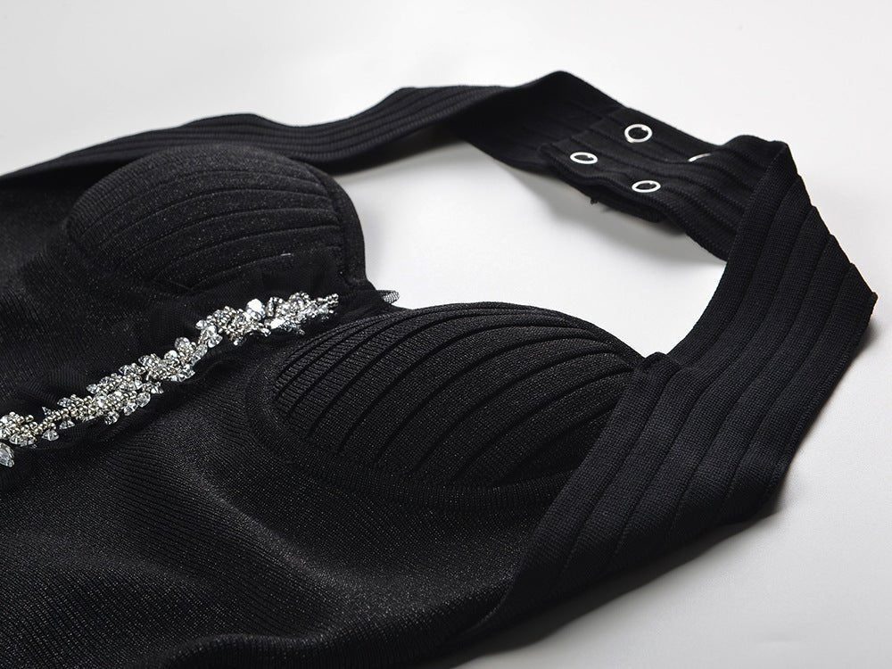 Greta Dress - a - Line Silhouette - Halter Neckline - Floral Embellishment - Tailored Waist Accentuation - Chic Silhouette