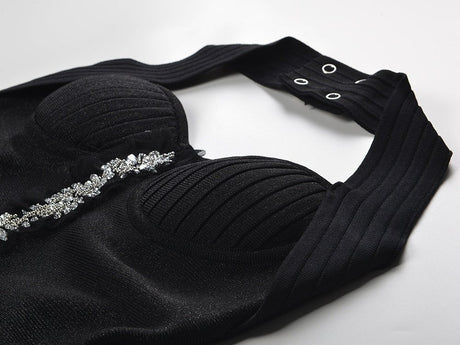 Greta Dress - a - Line Silhouette - Halter Neckline - Floral Embellishment - Tailored Waist Accentuation - Chic Silhouette